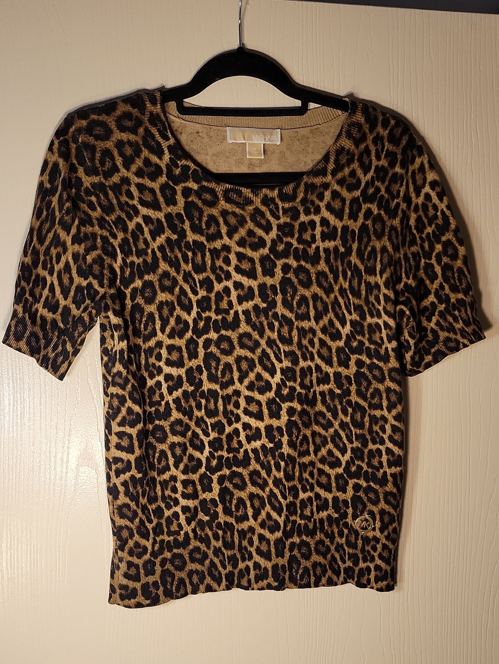 Michael Kors Leopard-Print Short Sleeve Tee in Tan and Black